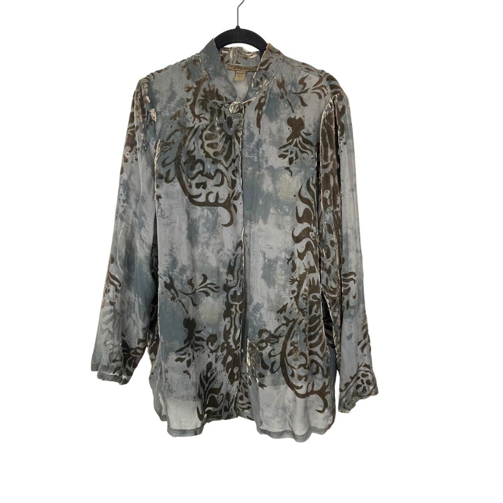 Harari Silk Blend Burnt‎ Out Velvet Green One Button Sheer Cardigan USA Size L